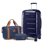 Kono Luggage 3 Piece Sets Carry On Suitcase 55x40x20 Cabin Hand Luggage with Travel Bag and Toiletry Bag Lightweight Polypropylene Travel Trolley Case with Secure TSA Lock (Navy, Luggage Set of 3PCS)