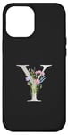 Coque pour iPhone 15 Pro Max Lettre Y florale en titane noir personnalisable