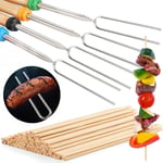 4 Pcs Fourchette BBQ INOX + 100 Pcs Brochette en Bambou Fourchette T¿¿lescopique 31-81cm avec Poign¿¿e en Bois Accessoire Barbecue Charbon Plancha Grille pour L¿¿gume Poisson Saucisse Guimauve