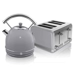 Swan, Retro Kitchen Kettle and Toaster Set, 1.8L Dome Kettle, 4 Slice Toaster, (Grey)