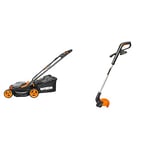 WORX WG779E.2 36V (40V Max) Cordless 34cm Lawn Mower (Dual Battery x2 20V Batteries) and WG157E 18V (20V Max) Cordless Grass Trimmer, Strimmers, Line Strimmer Edge Cutter with battery & charger