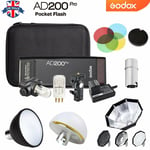 UK Godox 2.4G TTL HSS 1/8000s AD200pro Flash With Color Filter Sofbox Reflector