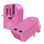 Foldable 3 Pin UK Plug 3100mAh 2 USB Ports Multi Devices Charger Plug Travel Charger Compatible For Apple Samsung Galaxy Tab HTC Windows Phone Tablet Nokia Motorola Sony Kindle One Plus etc (Pink)