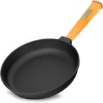 Poêle en fonte de 20 cm de 39 mm de haut avec manche en bois - Poele ronde - Poêle à frire à induction - Convient pour barbecue à gaz, four, foyer et tous feux dont induction
