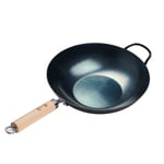 ZhenSanHuan HandHammered Iron Wok Flat Bottom Induction Suitable (34CM Wood Handle with Help)