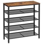 5-tier Sko Rack, Tall Shoe Storage med 4 Mesh Hyllor Och Stor Topp För Väskor, Utrymme För Entré, Hall, Stål, Industri, Rustikbrun Och Svart