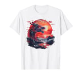 Mythical black red dragon with sunset mountains Asian art T-Shirt