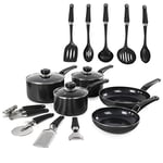 Morphy Richards 970040 Equip 14 Piece Cookware Set, 16 cm/18 cm/20 cm Saucepans & 20 cm/26 cm Frying Pans & 9 Utensils, Aluminium, Black