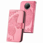UILY Case Compatible for Xiaomi Redmi Note 9T 5G, Fashion PU Leather Flip Wallet Cover, Embossed Butterfly Pattern with Bracket Function Anti-Fall Shell. Pink