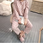 Women Sleepwear Dot Print Long Sleeved Tops + Pants Set Pink M
