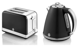 Black Kettle Toaster Set  1.5L 3000W Fast Boil 2 Slice SWAN Kitchen Retro Set