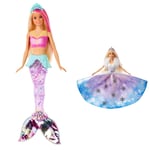 Barbie Dreamtopia poupée sirène lumière et Danse Aquatique à Plonger dans l'eau & Dreamtopia poupée Princesse Flocons avec Robe Qui se déploie et Cheveux blonds à mèche Rose