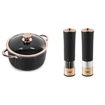 Tower T800002RB Casserole Dish with Lid, Linear Collection with Easy Clean Non-Stick Ceramic Coating, Black and Rose Gold, 5 Litre & T847003RB Electric Salt and Pepper Mill, Rose Gold and Black