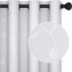 Deconovo - Rideau Occultant Isolant Thermique Anti Froid, avec Oeillets, Chambre Salon Fille Garon, Motifs Argents Feuilles et Fleurs, 140x260 cm,