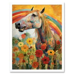 Girls Bedroom Nursery Artwork Rainbow Horse With Flowers Bright Colourful Happy Art Print Framed Poster Wall Decor 12x16 inch