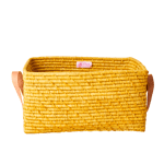 Rice - Raffia Rectangular Basket w. Leather Handle in Yellow