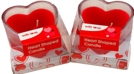 Set Of 2 Red Love Heart Valentines Tea Light Candles In Glass Holders