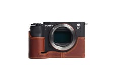 A7C Case, Zakao Handmade Genuine Real Leather Half Camera Case Bag Cover for Sony Alpha A7C 7C Bottom Opening Version With Hand Strap (Brown)