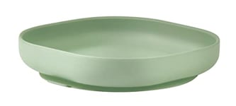 BÉABA, Assiette Ventouse pour Enfant, 100% silicone, matière douce et resistante, Adhère table/tablette chaise haute, Languette permettant de soulever l’assiette, Compatible micro-onde, Vert Sauge