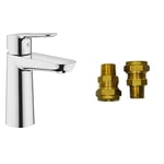 GROHE Start Edge & UK Adaptors - 1 Lever Basin Mixer Tap (Metal Lever, Smooth Body, M-Size 168 mm, with Push-Open Pop-Up Waste Set, Water Saving Mousseur 5.7 l/min, Tails 3/8 Inch), Chrome, 23775000