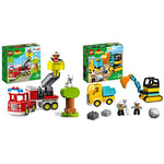 LEGO 10969 DUPLO Town Fire Engine Toy for Toddlers 2 + & 10931 DUPLO Town Truck & Tracked Excavator Construction Vehicle Toy for Toddlers 2-4 Years Old, Fine Motor Skills Development