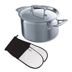 Le Creuset 3-ply Stainless steel 18cm Deep Casserole with lid and Textiles Double Oven Glove - Black