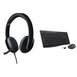 Logitech H540 Wired Headset, Stereo Headphone with Noise-Cancelling Microphone, USB, Black & MK270 Wireless Keyboard and Mouse Combo for Windows, Black