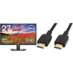 Dell SE2722HX 27 inch Full HD Monitor, 75Hz, VA, 4ms, AMD FreeSync, HDMI, VGA, 3 Year Warranty, Black & Amazon Basics 2-Pack HDMI Cable, 18Gbps High-Speed, 4K@60Hz, 2160p, 0.9 m, Black