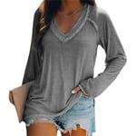 Women Winter Long Sleeve V Neck Casual Loose Tunic Solid T-shirt Grey 3xl