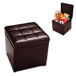 GOPLUS Tabouret Pouf, Coffre en Cube, Boîte de Rangement en Bois et Cuir PU, Repose-Pied avec Espace de Stockage et 4 Pieds, pour Salon, Chambre à Coucher, Entrée, 40 x 40 x 40CM (Marron)