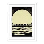 Doppelganger33 LTD Retro Moonrise Over Sea Black And White Linocut Illustration Artwork Framed Wall Art Print 18X24 Inch