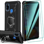 AROYI Case for Samsung Galaxy A21S and 2 Tempered Glass Screen Protector, with 360° Magnetic Ring Holder Kickstand, Silicone TPU Shockproof Protective Cover for Samsung Galaxy A21S Black