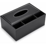 Boîte à Mouchoir en PU Cuir Rectangulaire Distributeur avec 3 Compartiments Organisateur de Bureau pour télécommande (Noir)