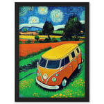 Hippie Van In Meadow Under Starry Night Painting Van Gogh Artwork Framed Wall Art Print A4