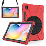 Junfire Case for Samsung Galaxy Tab S6 Lite 10.4 inch 2020, Heavy Duty Shockproof Rotating Kickstand Shoulder Hand Strap Case with Pen Holder for Samsung S6 Lite Tablet SM-P610/P615, Red