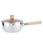 Saucepan Milk Sauce Pan with Glass Lid, Wooden Handle and Oil Drip Rack, Nostick Stainless Steel Yukihira Saucepan Traditional Japanese Hammered Pot(Silver),16cm/6.3in