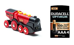 BRIO World Mighty Red Action Locomotive Battery Powered Wooden Train for Kids Age 3 Years-Compatible with all Railway Sets, Duracell Optimum AAA Alkaline Batteries [Pack of 4], 1.5 V LR03 MN2400