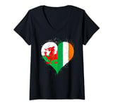 Womens Half Irish Half Welsh Two Flags in Vintage Love Heart V-Neck T-Shirt
