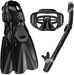 Nologo Snorkel Set - Fully Dry Top Snorkel with Silicon Mouth, impact-resistant tempered glass snorkeling mask, two bare-foot masks, snorkeling and fin/fin PVC,Black,ML/XL
