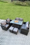 Outdoor Rattan Fire Pit Dining Table Gas Heater 2 Recling Chairs 2 Seater Love Sofa Footstools 8 Seater