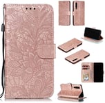 Portefeuille Coque Pour Huawei P30 Smartphone Magnétique Pu Cuir Etui Rabat Avec Fente Pour Carte Et Dragonne Dentelle Fleur Motif - Or Rose