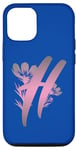 Coque pour iPhone 14 Pro Bleu foncé élégant floral monogramme rose dégradé lettre H