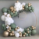 137PCS Grön Ballongbågsset, Grön Vit Ballongbåge med Salviagrön Ballonger Metalliska Guld Ballonger