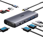 Station d'accueil USB C 3 moniteurs, 9 en 1 Single 8K/Dual 4K60Hz Hub USB C DisplayPort Dock avec 2 Ports HDMI, DisplayPort, 100 W PD, 3 USB, SD/TF, Station d'accueil pour Ordinateur Portable