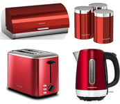 Morphy Richards Equip Red Kettle 2 Slice Toaster Accents Bread Bin & Canisters