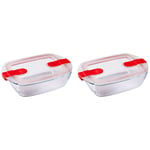 Pyrex Microwave Safe Classic Rectangular Glass Dish with Vented Lid 1.1L Red (Pack of 2)