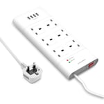 VASTFAFA Surge Protected Extension Lead with 4 USB Ports (3250W/13A), 6 Plug Extension Socket White Power Strip with 1.5 Meter Cord, Wall Mountable Extension Cord for Home Office