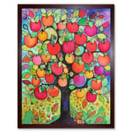 Apple Tree Folk Art Bright Watercolour Painting Art Print Framed Poster Wall Decor 12x16 inch