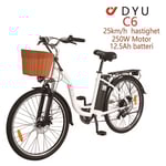DYU C6 Elcykel 36V 12.5Ah Batteri 350W Motor 26 Tums Däck 70KM Körsträcka Skivbroms Elcykel Lämplig för Vuxna och Tonåringar- Vit