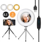 AJH LED Ring Light 8.5" with Tripod Stand and Flexible Phone Holder, Desk Makeup Selfie Ring Light with Dimmable 3 Light Modes and 10 Brightness Level for YouTube Vide